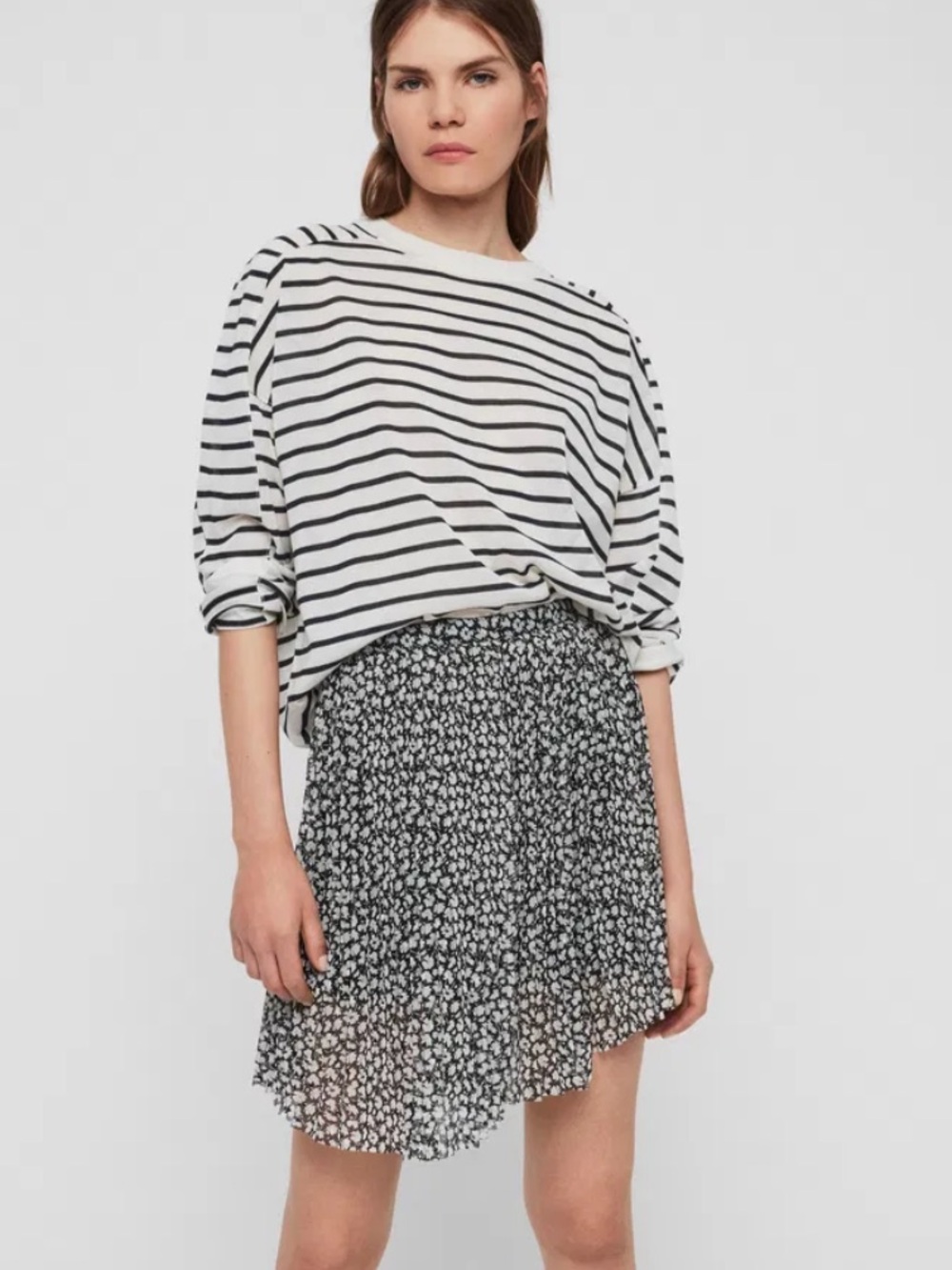 AllSaints Lea Scatter Pleated Hem Asymmetrical Skirt Black & White Flowy